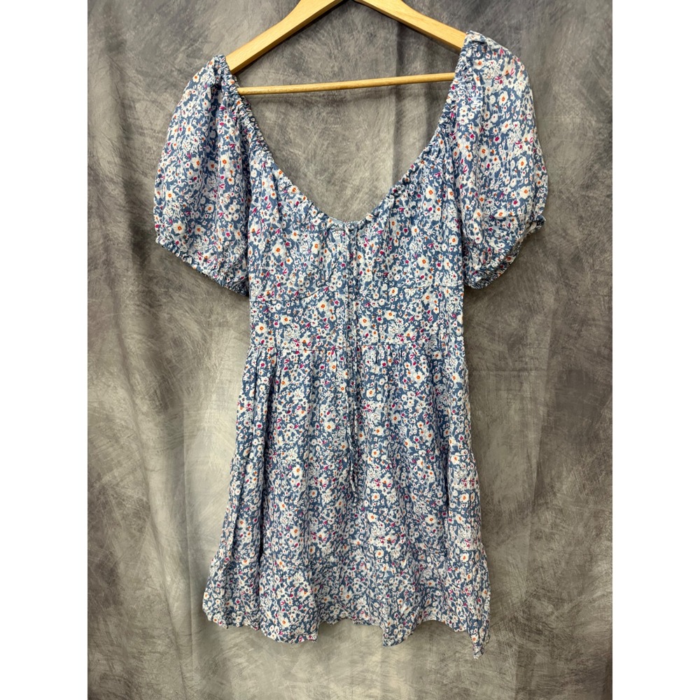 En Creme Warm Skies Floral Mini Dress Blue Puff Sleeve Boho Small NWT